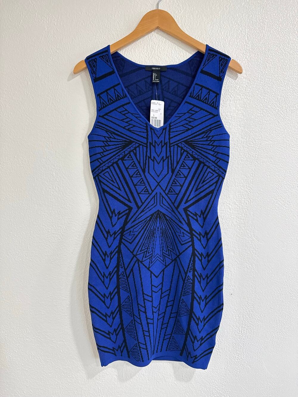 NWT Forever 21 Royal Blue Black Geometric Art Deco Bodycon Dress Size Large